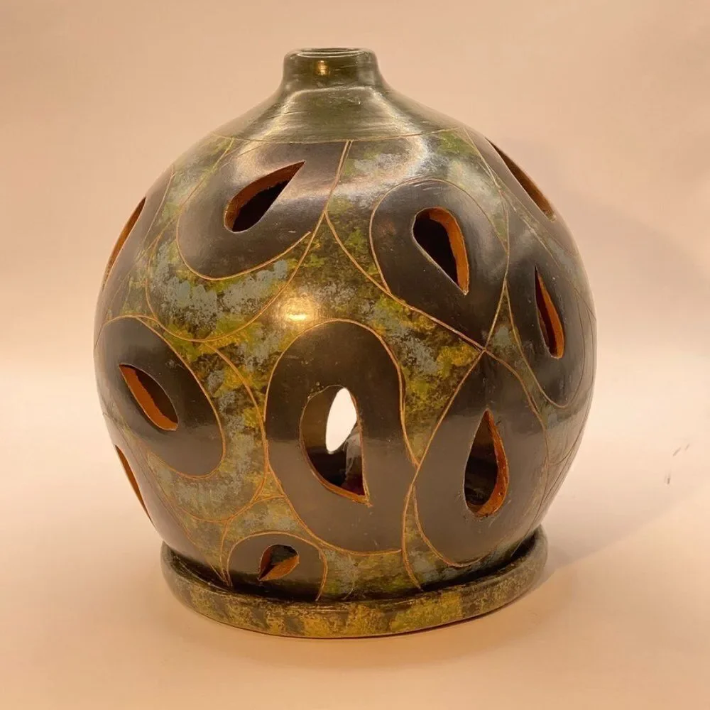 Vintage Green and Grey Nicaraguan Lattice Pierced Pottery Luminary Candle